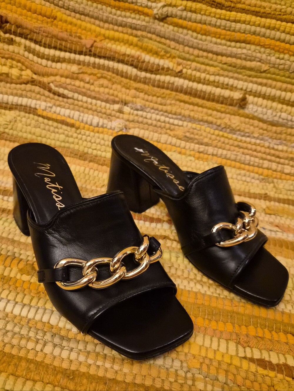 Matisse Black Leather Block Heel with Gold Chain Accent